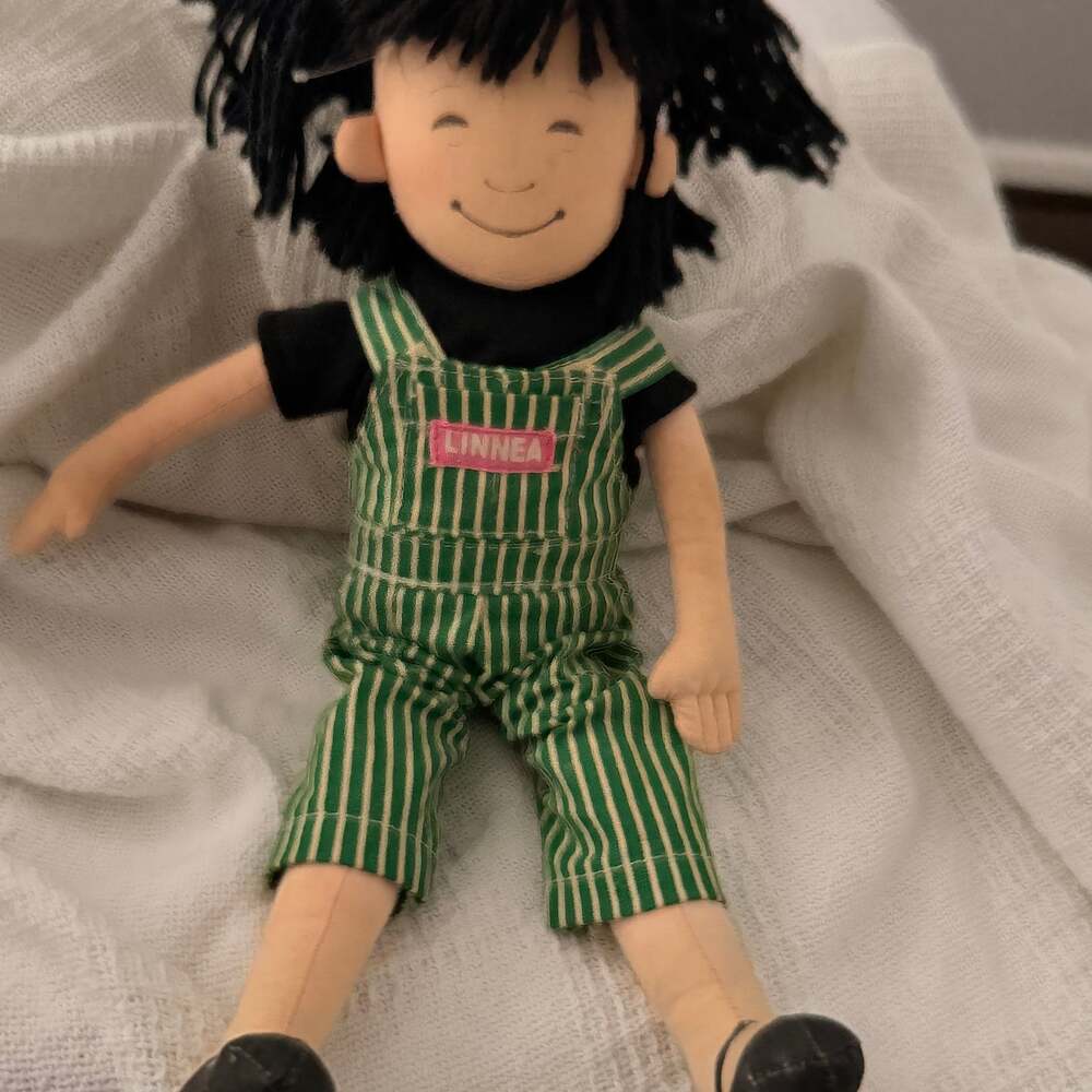 Linnea in Monets Garden Ragdoll Green Striped Overalls
